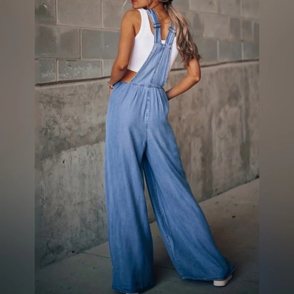 Boho Denim Wide Leg Chambray Overalls Jumpsuit Pockets Boho Summer Casual XXL